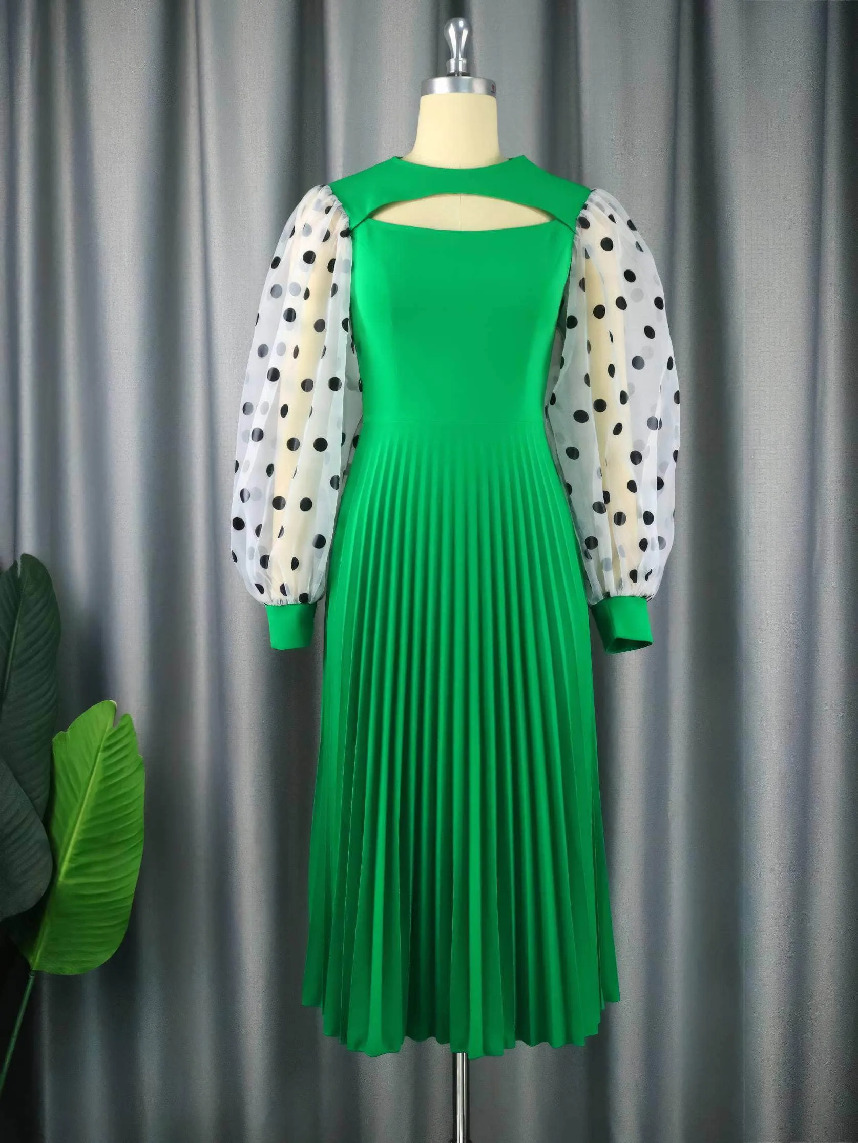 Polka Dot Lantern Sleeves Cut Out Pleated Dress