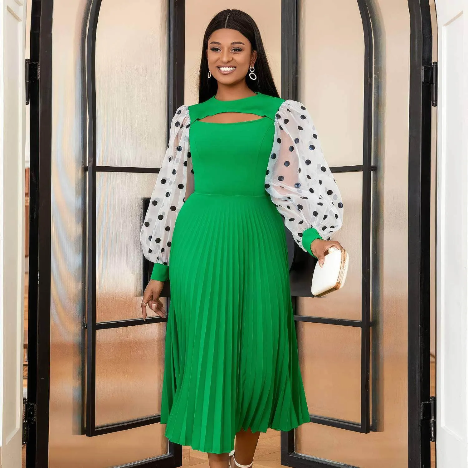 Polka Dot Lantern Sleeves Cut Out Pleated Dress