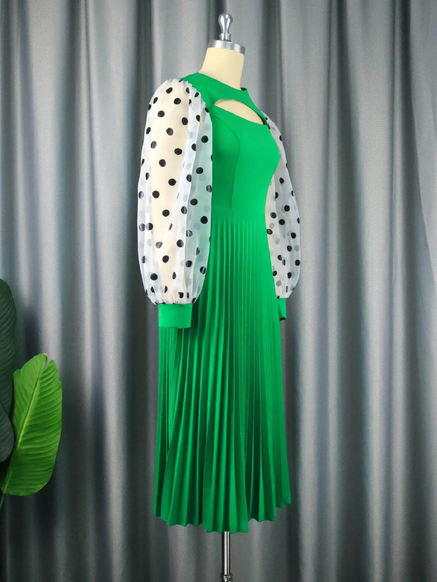 Polka Dot Lantern Sleeves Cut Out Pleated Dress