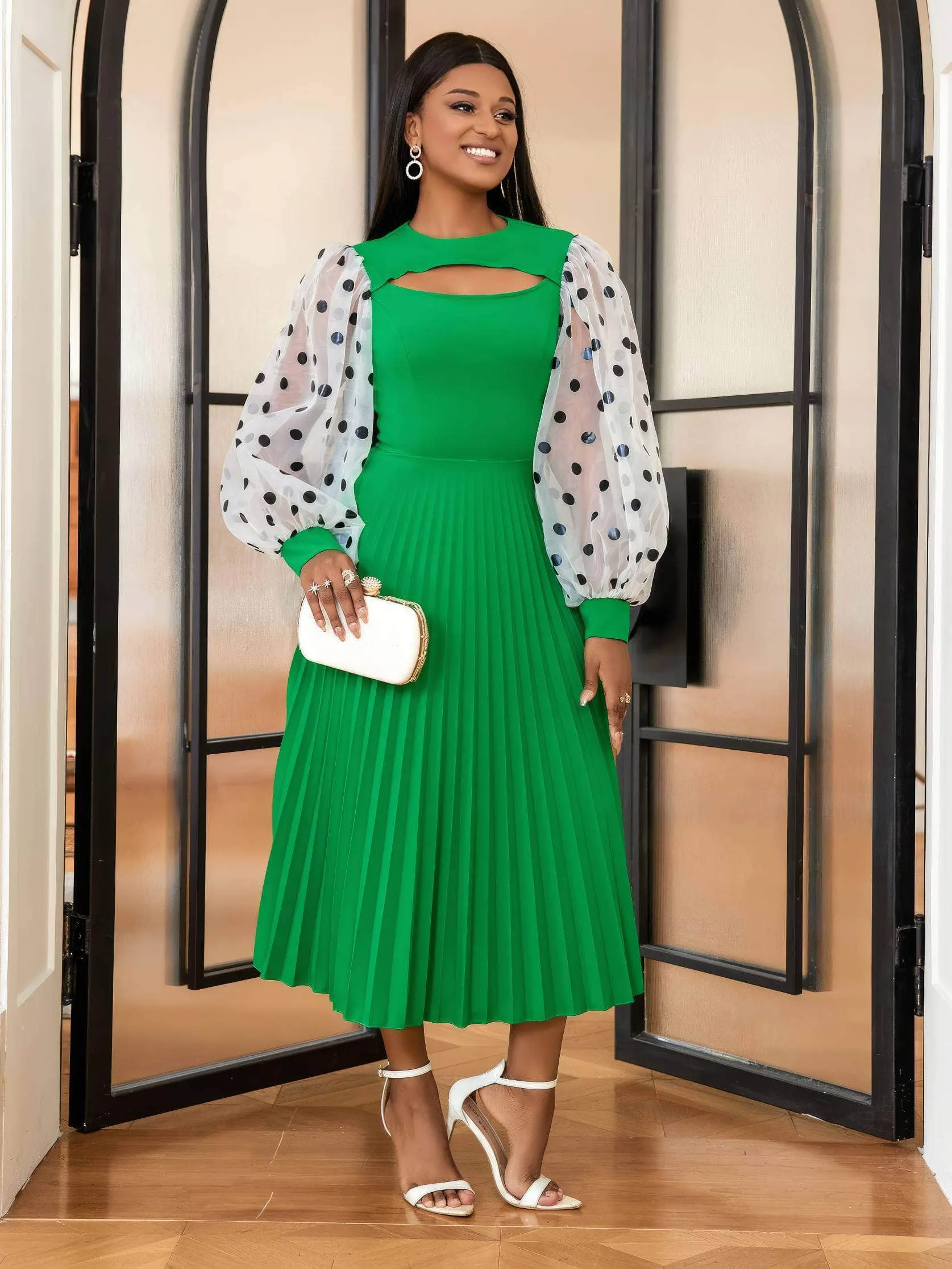 Polka Dot Lantern Sleeves Cut Out Pleated Dress