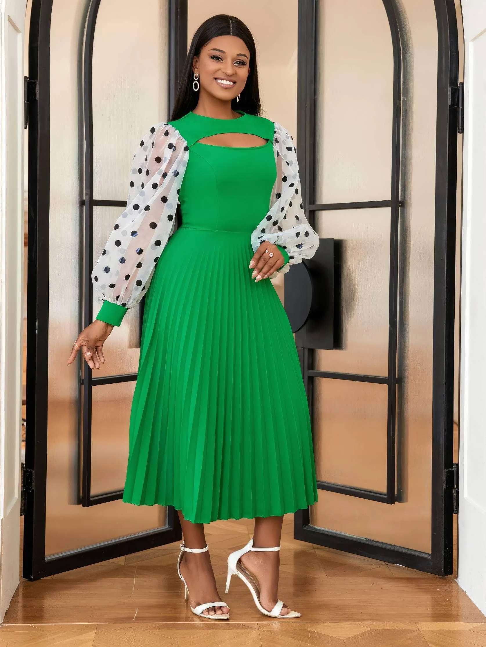 Polka Dot Lantern Sleeves Cut Out Pleated Dress