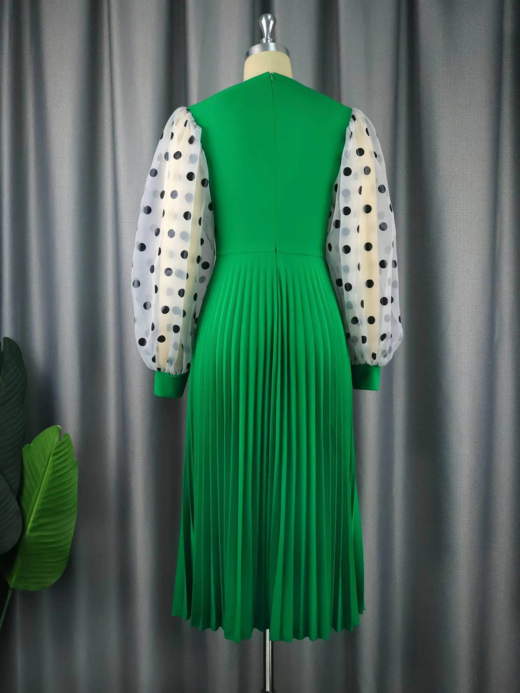 Polka Dot Lantern Sleeves Cut Out Pleated Dress