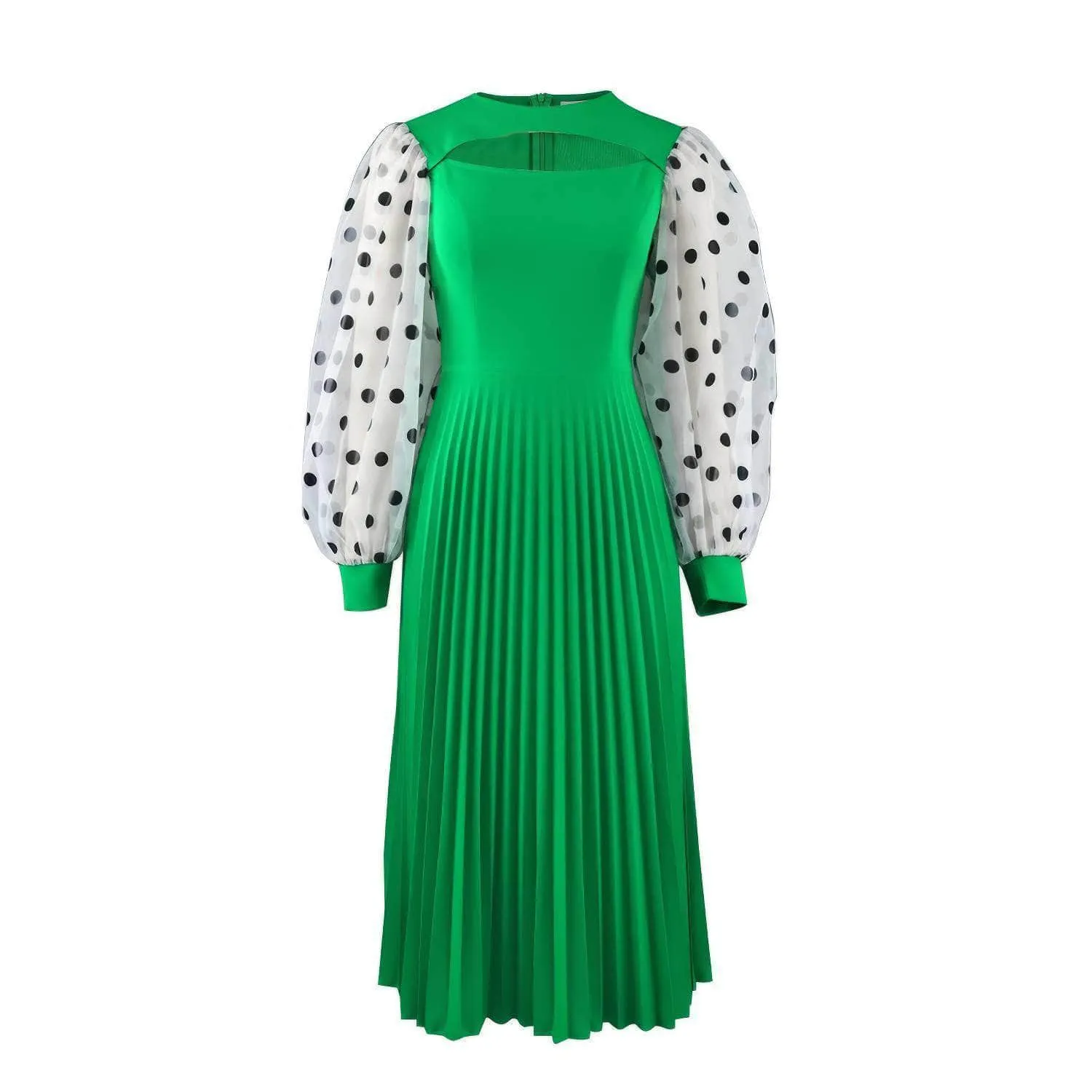 Polka Dot Lantern Sleeves Cut Out Pleated Dress