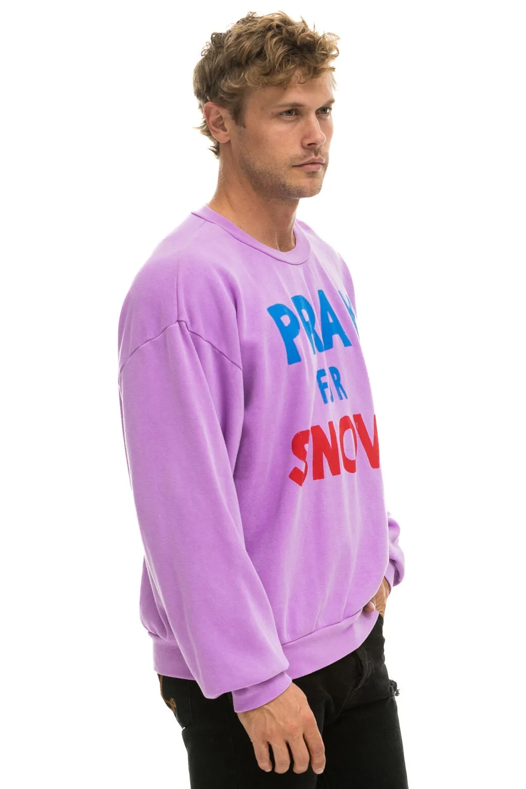 PRAY FOR SNOW RELAXED CREW SWEATSHIRT - NEON PURPLE