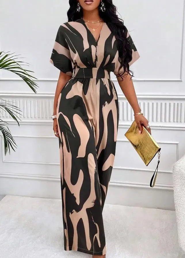 Printed Surplice V-Neck Jumpsuit – Bat Sleeve Wide-Leg Design with Waist Tie for Office Elegance