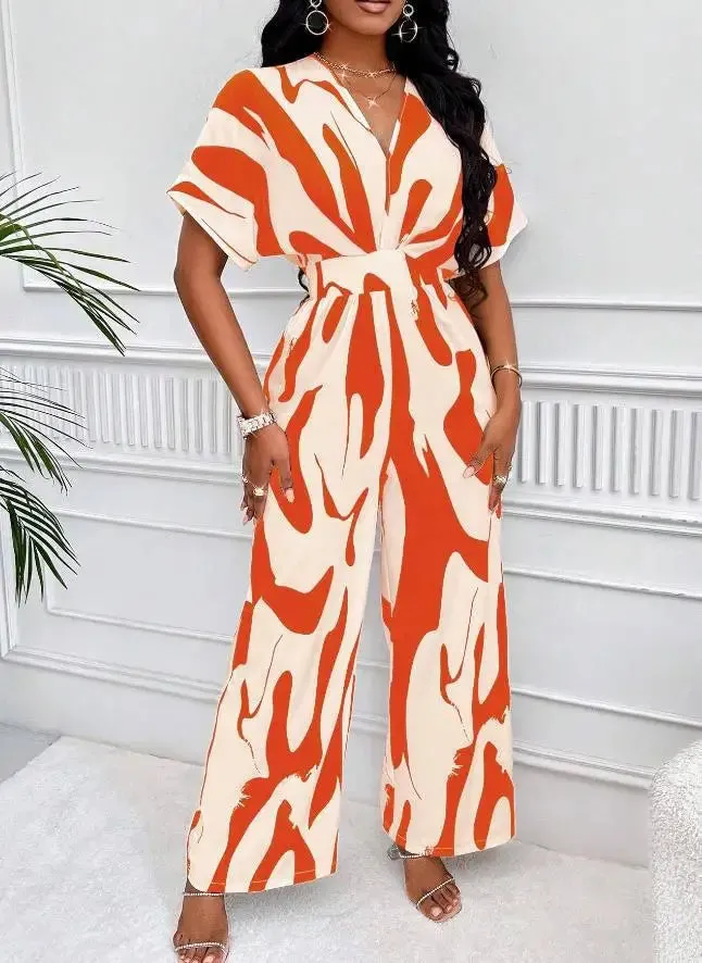 Printed Surplice V-Neck Jumpsuit – Bat Sleeve Wide-Leg Design with Waist Tie for Office Elegance