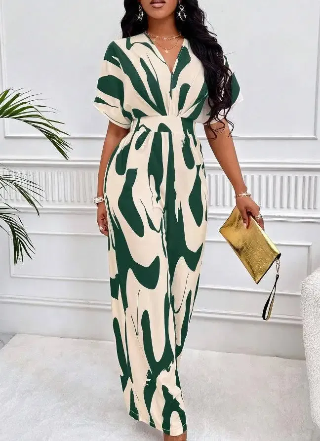 Printed Surplice V-Neck Jumpsuit – Bat Sleeve Wide-Leg Design with Waist Tie for Office Elegance