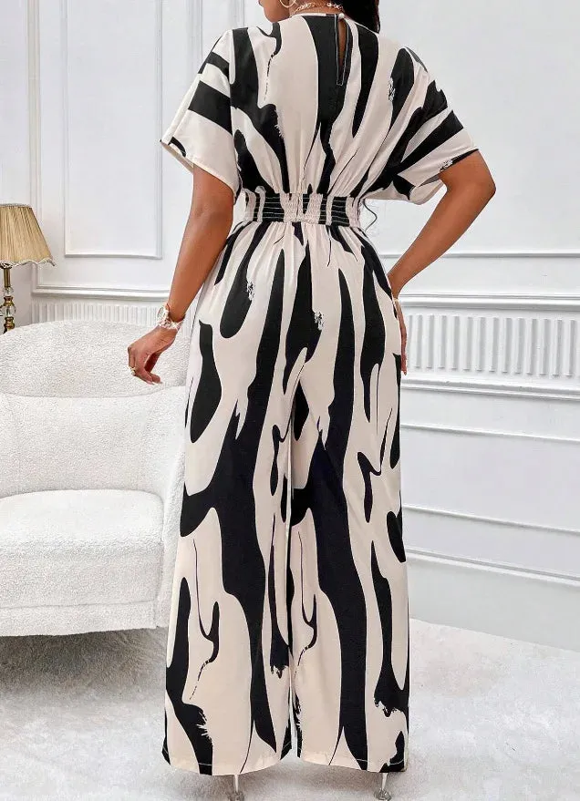 Printed Surplice V-Neck Jumpsuit – Bat Sleeve Wide-Leg Design with Waist Tie for Office Elegance