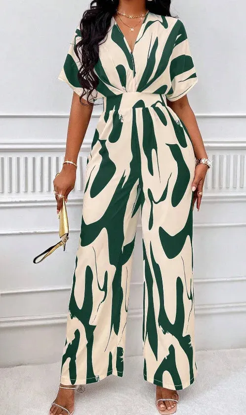Printed Surplice V-Neck Jumpsuit – Bat Sleeve Wide-Leg Design with Waist Tie for Office Elegance