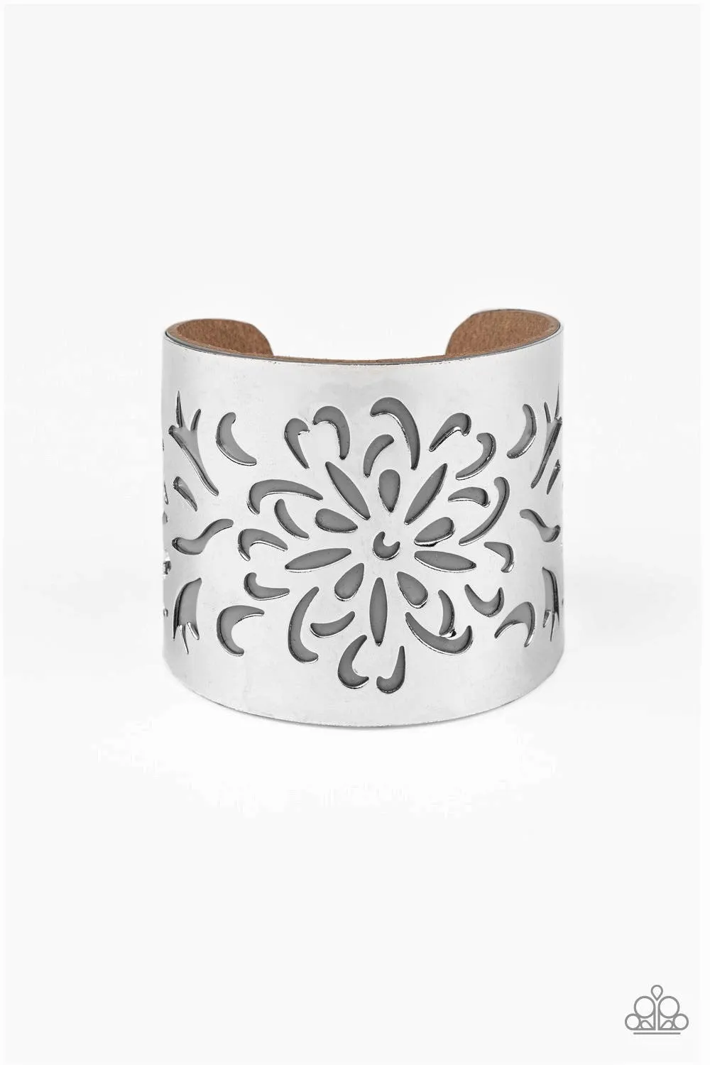 "Get Your Bloom On" Silver & Gray Leather Floral Stenciled Cuff Bracelet