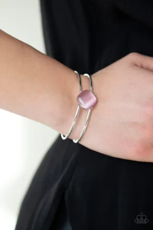 "Turn Up The Glow" Silver Metal & Pink Cat's Eye Stone Open Cuff Bracelet
