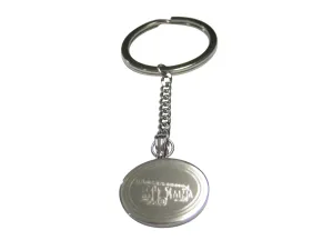 Silver Toned Etched Oval Sleek Fire Truck with Ladder Pendant Keychain