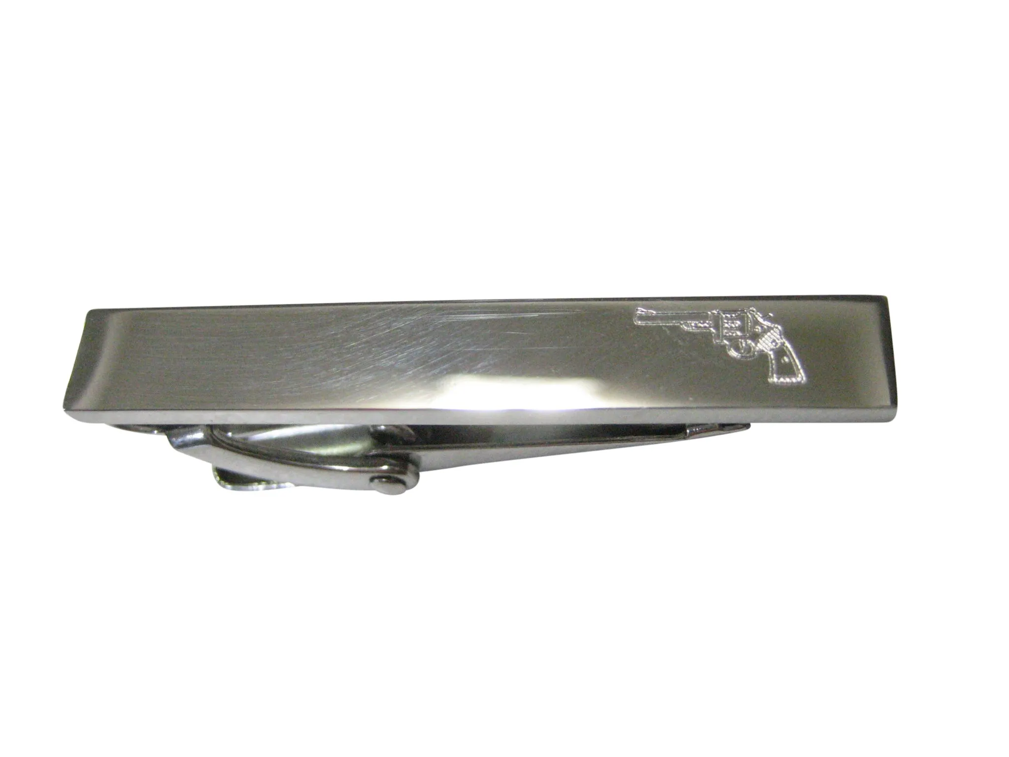 Silver Toned Etched Sleek Revolver Gun Pistol Skinny Tie Clip