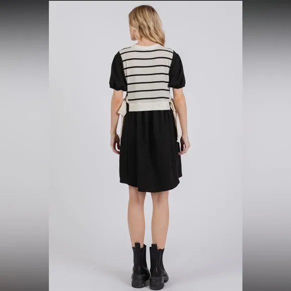 Striped Knit Panel Contrast Layered Woven Dress