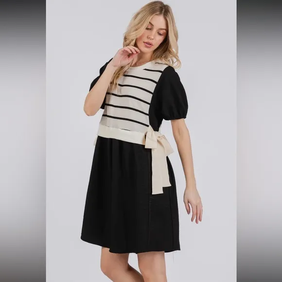 Striped Knit Panel Contrast Layered Woven Dress