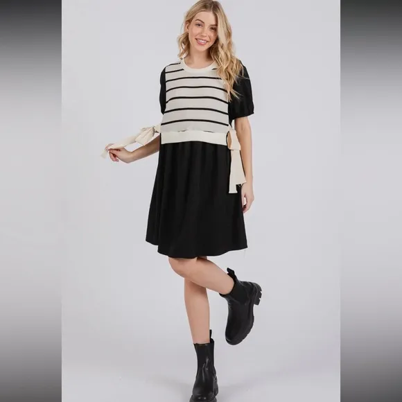 Striped Knit Panel Contrast Layered Woven Dress