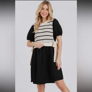 Striped Knit Panel Contrast Layered Woven Dress