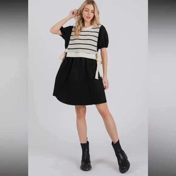 Striped Knit Panel Contrast Layered Woven Dress