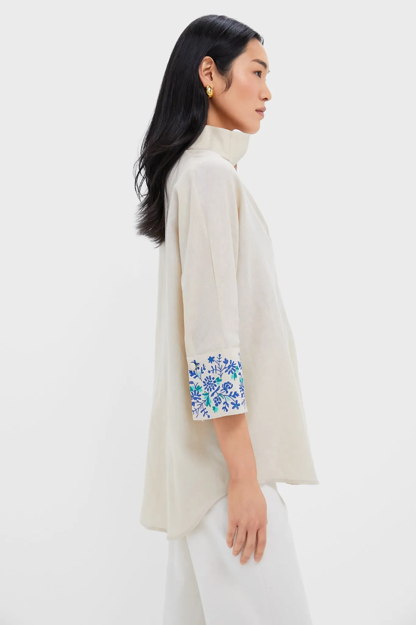 Tan Floral Cuff Cotton Linen Willow Blouse