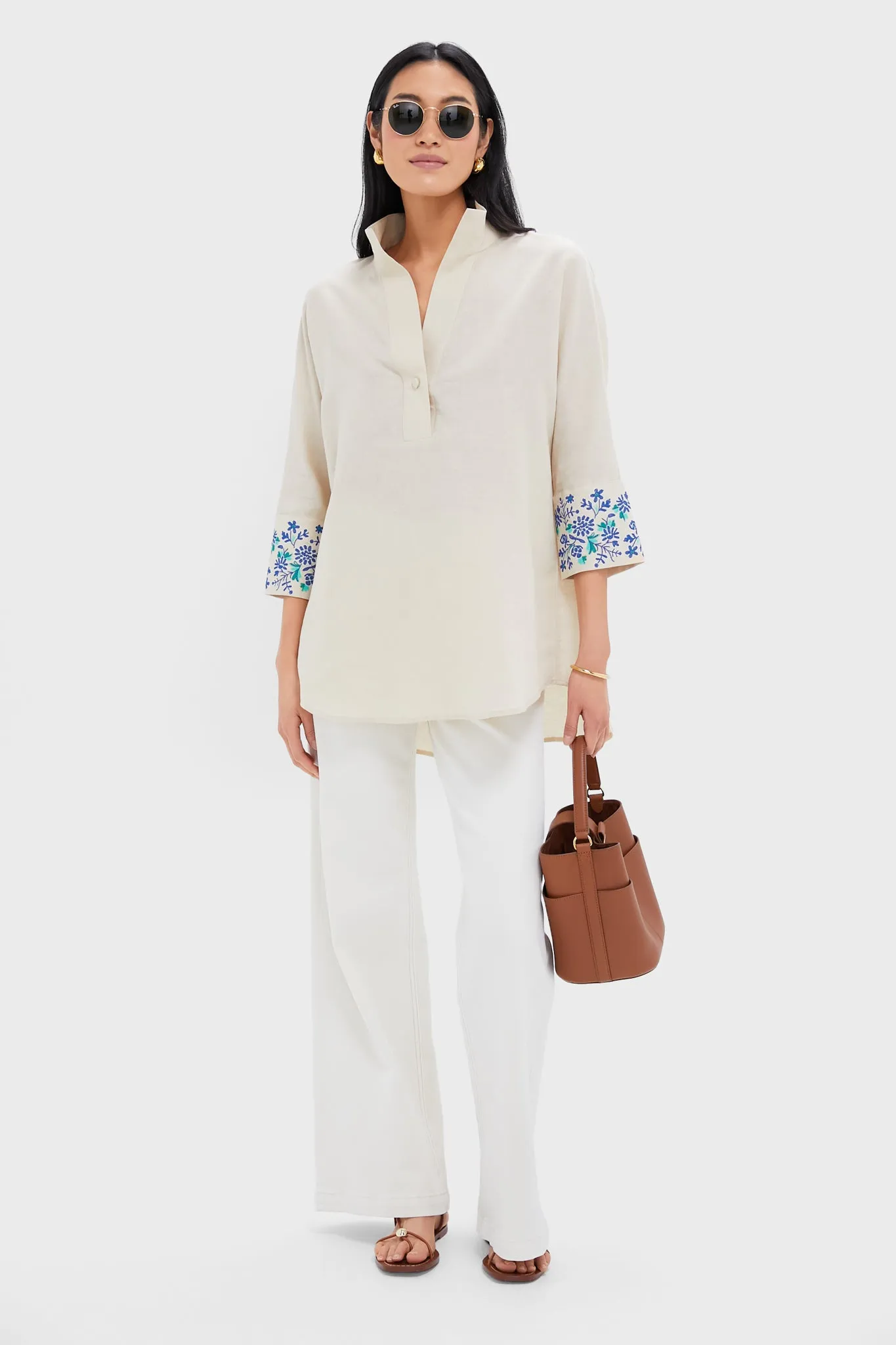 Tan Floral Cuff Cotton Linen Willow Blouse