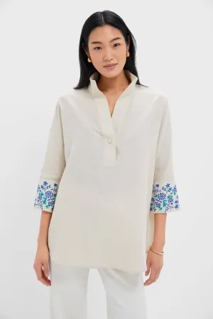 Tan Floral Cuff Cotton Linen Willow Blouse