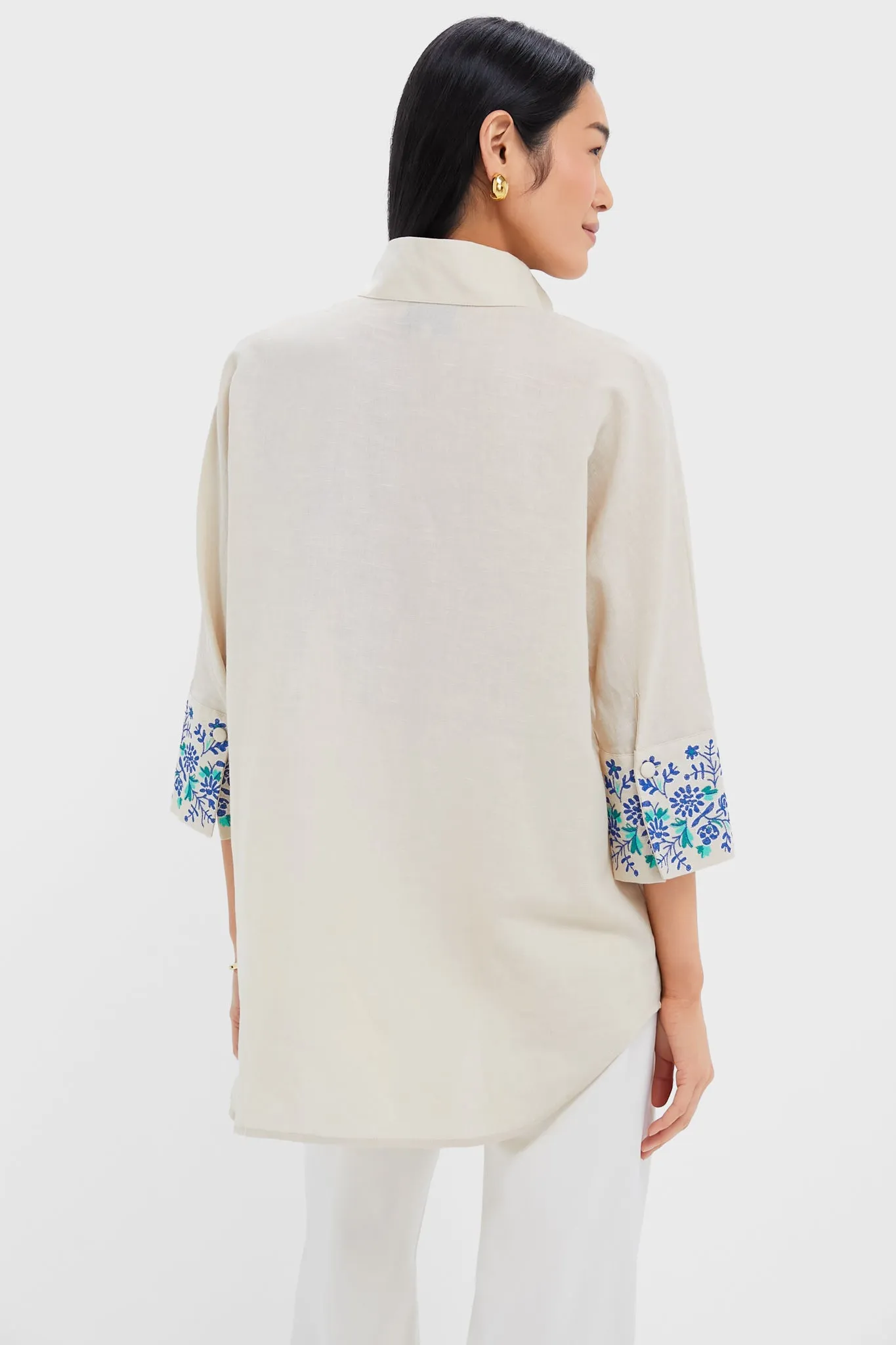 Tan Floral Cuff Cotton Linen Willow Blouse