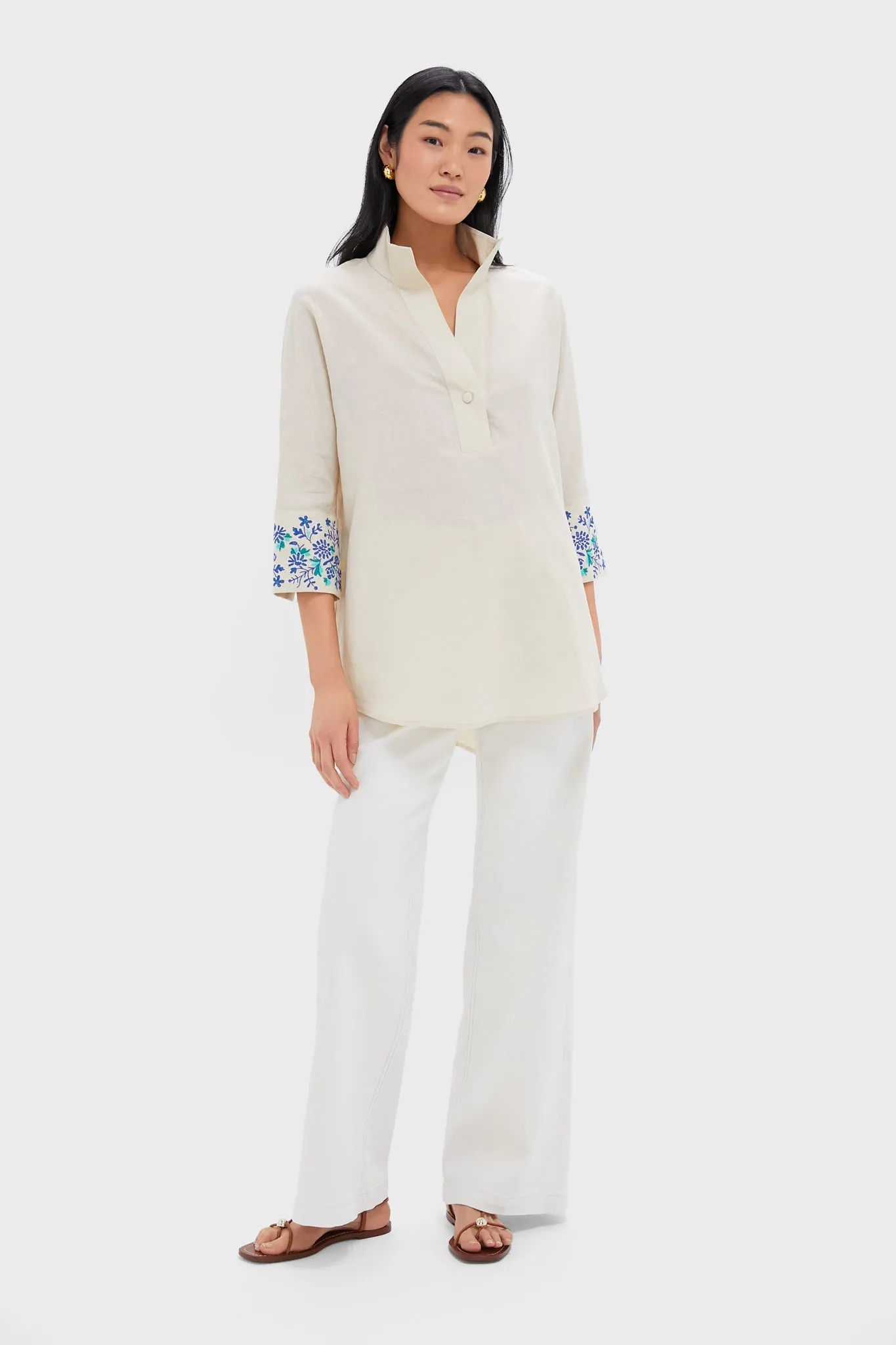 Tan Floral Cuff Cotton Linen Willow Blouse