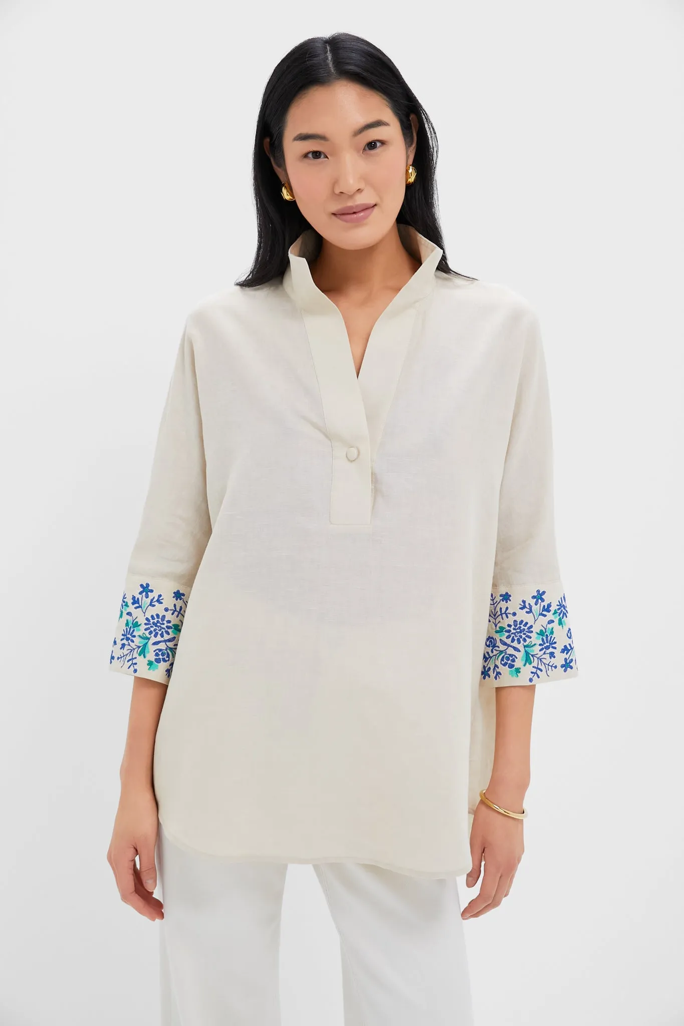 Tan Floral Cuff Cotton Linen Willow Blouse