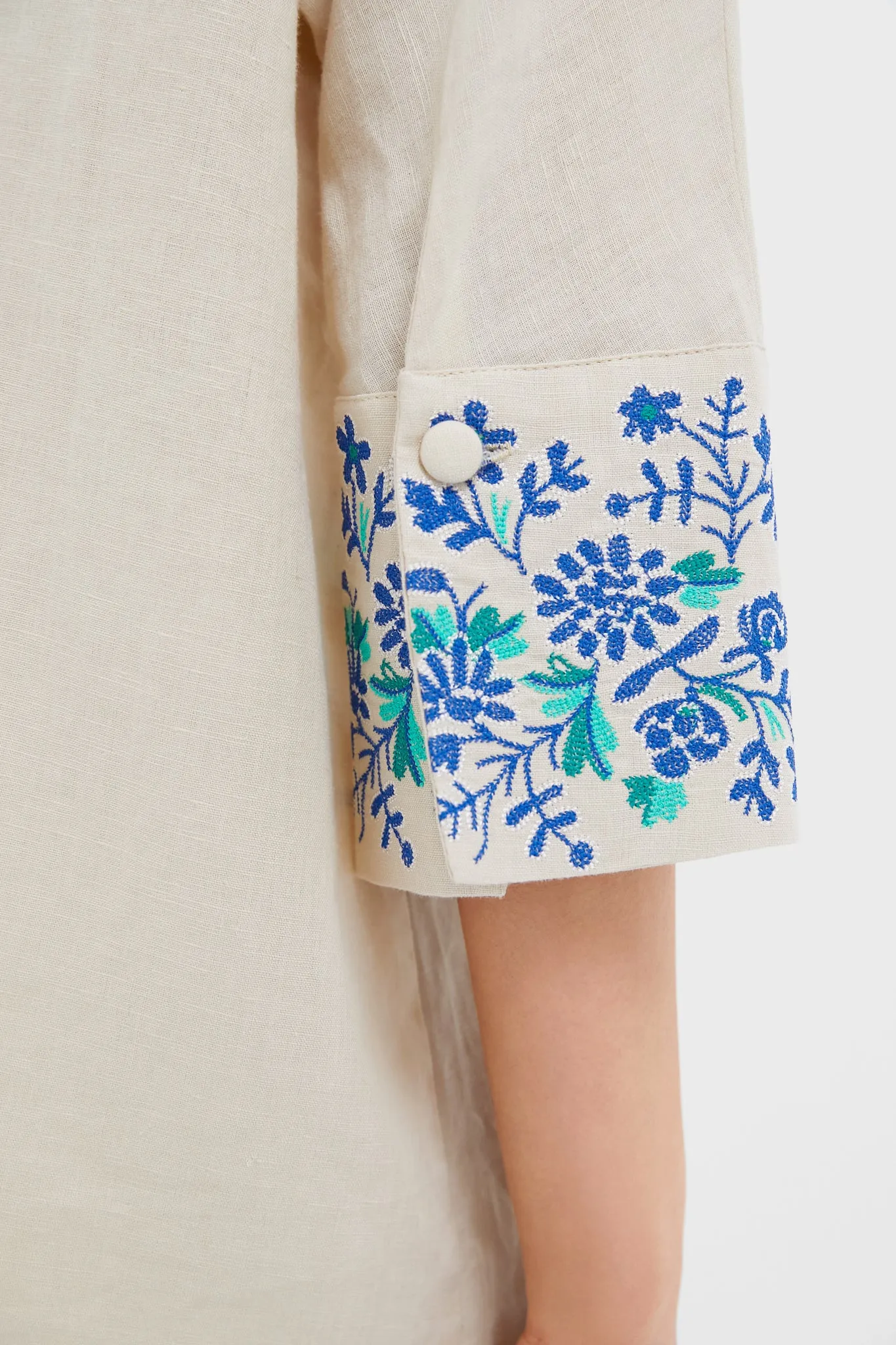 Tan Floral Cuff Cotton Linen Willow Blouse