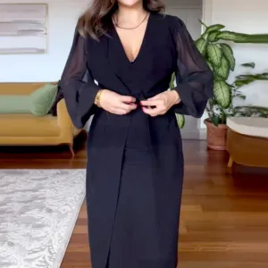 Women's Elegant V-Neck Mesh Long Lantern Sleeve Dresses
